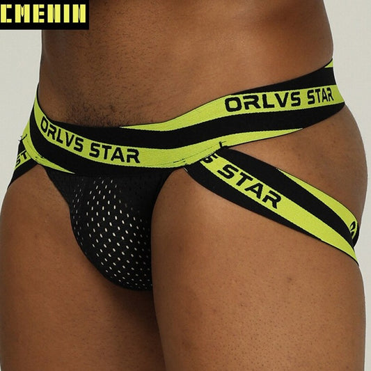 yellow ORLVS STAR Men's Mesh G-String Jockstrap Underwear - pridevoyageshop.com - gay men’s underwear and swimwear