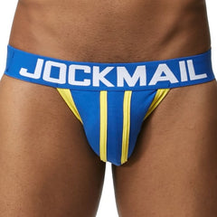 hot man in blue Jockmail Men's Racing Stripe Jockstrap & Jock Strap for Men- pridevoyageshop.com - gay men’s underwear and swimwear