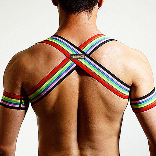 Back of Rainbow Pride Elastic Chest Harness: Men's Sexy Clubwear and Lingerie