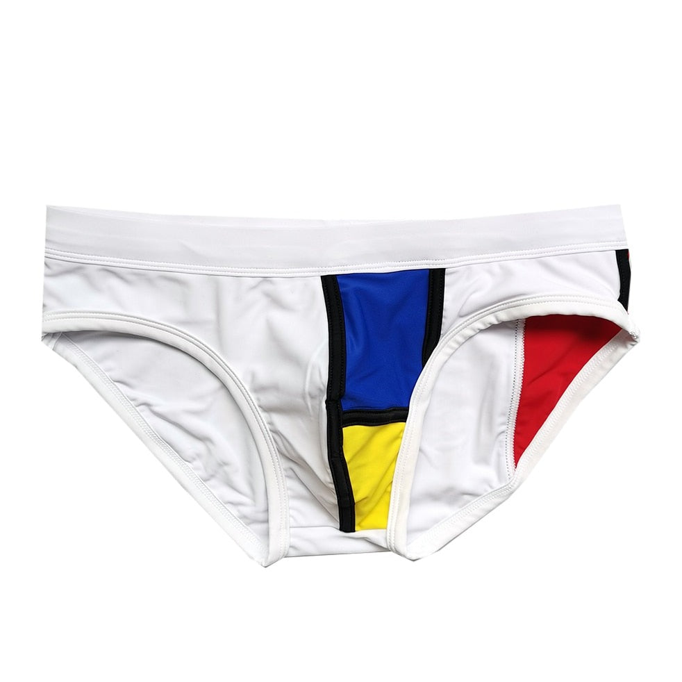 details of white Gay Swimwear | Piet Mondrian Art Deco Swim Briefs- pridevoyageshop.com - gay men’s underwear and swimwear