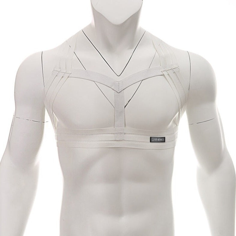 Front of white Multi-Strap Elastic Chest Harness: Sexy Clubwear for Men- pridevoyageshop.com - gay men’s harness, lingerie and fetish wear