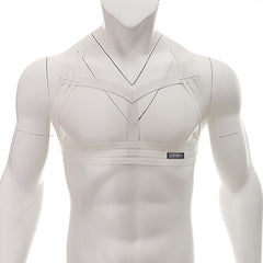 Front of white Multi-Strap Elastic Chest Harness: Sexy Clubwear for Men- pridevoyageshop.com - gay men’s harness, lingerie and fetish wear