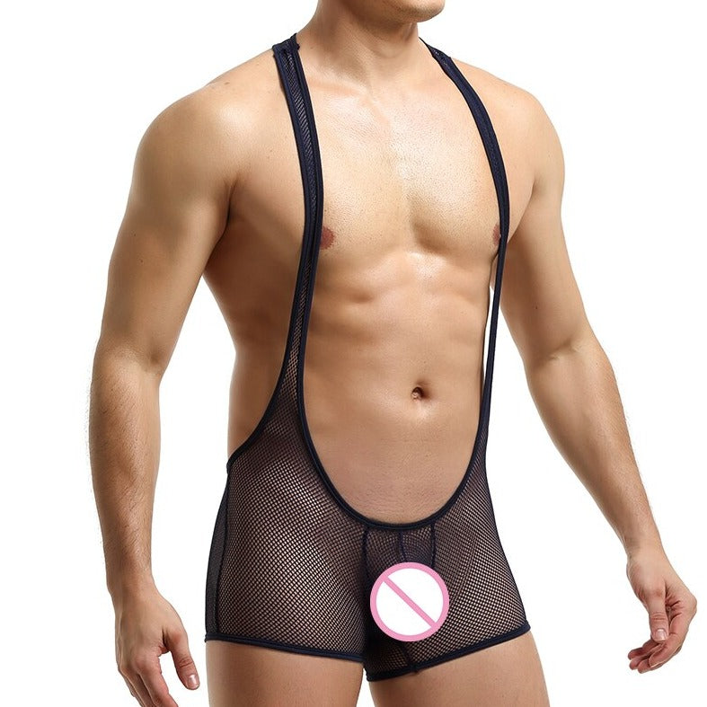 sexy gay man in navy Gay Singlet and Bodysuit | See Through Wrestling Singlets - Men's Singlets, Bodysuits, Rompers & Jumpsuits - pridevoyageshop.com