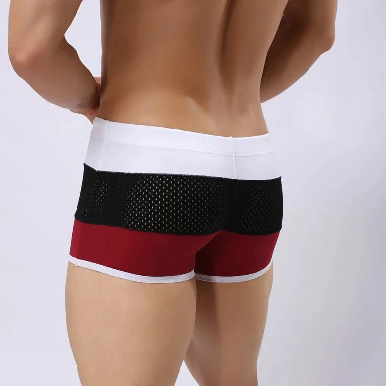 a hot gay man in Red + Black + White Men's Tricolor Mesh Swim Trunks - pridevoyageshop.com - gay men’s underwear and swimwear