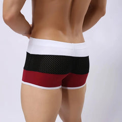 a hot gay man in Red + Black + White Men's Tricolor Mesh Swim Trunks - pridevoyageshop.com - gay men’s underwear and swimwear