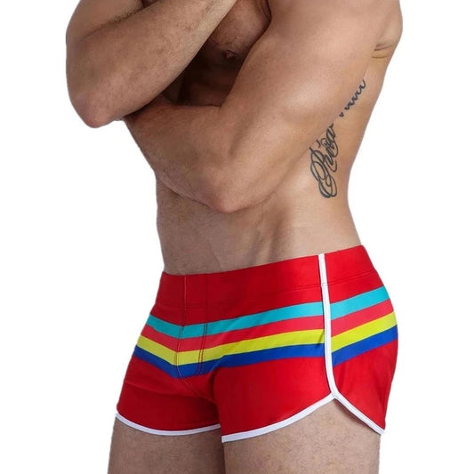 a hot gay man in red Men's Sunset Stripe Swim Trunks - pridevoyageshop.com - gay men’s underwear and swimwear