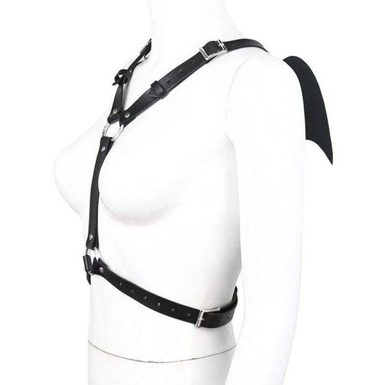 details of Cheeky Little Devil Wing Faux Leather Harness | Gay Harness- pridevoyageshop.com - gay men’s harness, lingerie and fetish wear