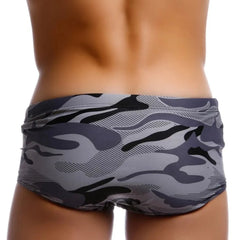 a hot gay man in gray Modern Camo Square Cut Swim Trunks - pridevoyageshop.com - gay men’s underwear and swimwear