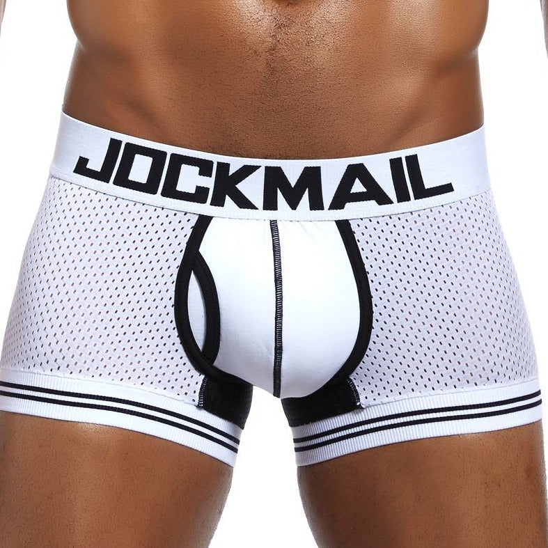 White Jockmail - Mens Mesh Boxers: Bulge Pouch Underwear for Male Attraction - pridevoyageshop.com - gay men’s underwear and swimwear