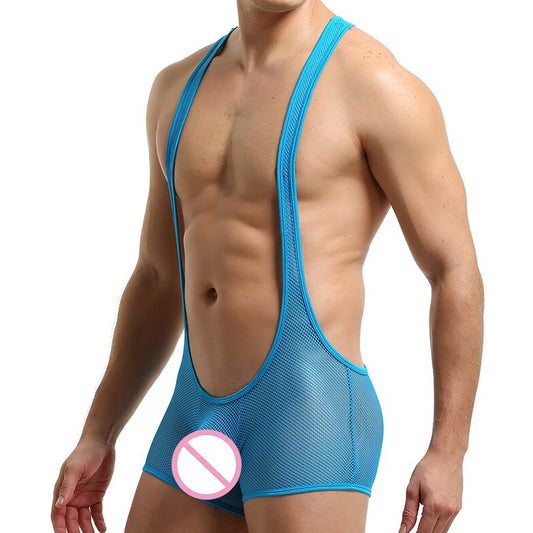 sexy gay man in blue Gay Singlet and Bodysuit | See Through Wrestling Singlets - Men's Singlets, Bodysuits, Rompers & Jumpsuits - pridevoyageshop.com