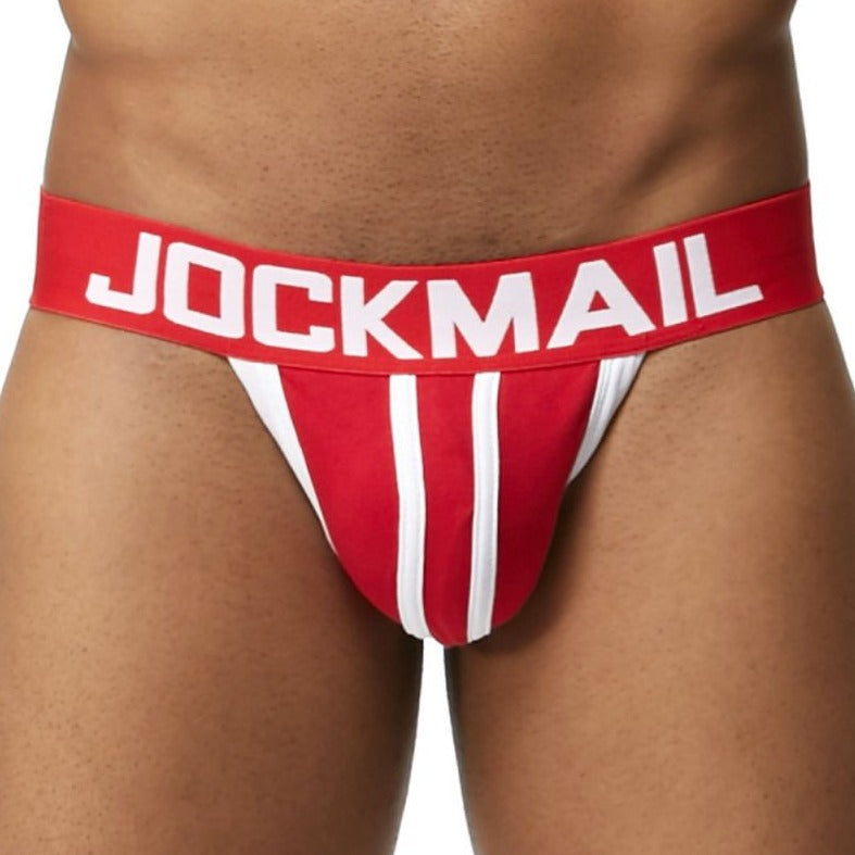 hot man in red Jockmail Men's Racing Stripe Jockstrap & Jock Strap for Men- pridevoyageshop.com - gay men’s underwear and swimwear