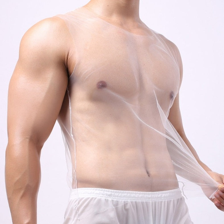 sexy gay man in white Gay Tops | Men's Ultra-thin Transparent Tank Top - pridevoyageshop.com - gay men’s gym tank tops, mesh tank tops and activewear