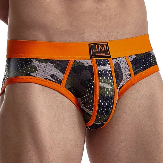 a hot gay man in orange Jockmail Men's Mesh Camo Briefs - pridevoyageshop.com - gay men’s underwear and swimwear