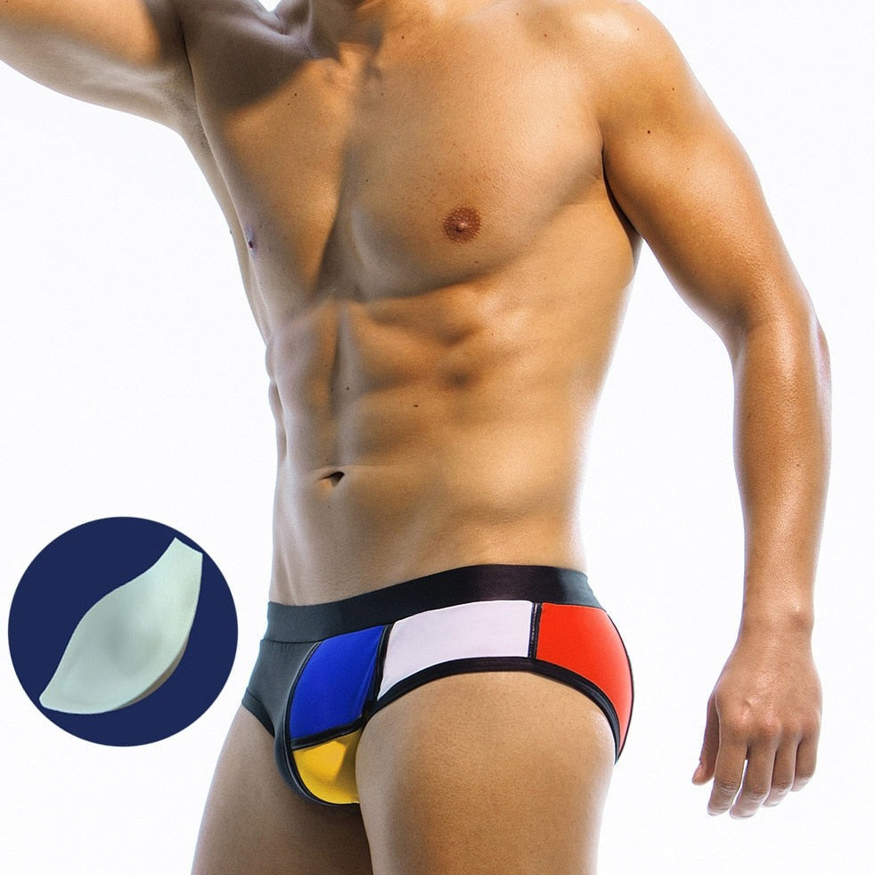 sexy gay in black Gay Swimwear | Piet Mondrian Art Deco Swim Briefs- pridevoyageshop.com - gay men’s underwear and swimwear