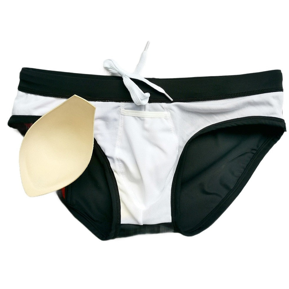 details of black Gay Swimwear | Piet Mondrian Art Deco Swim Briefs- pridevoyageshop.com - gay men’s underwear and swimwear