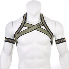 Golden Pride Elastic Harness: Hot Night Club Wear for Guys- pridevoyageshop.com - gay men’s harness, lingerie and fetish wear