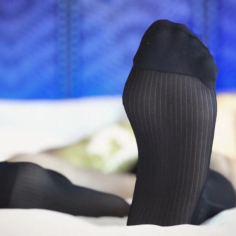 details of black Sheer OTC Socks: Best Men's Sheer Dress Socks for the Sexy Gay Man- pridevoyageshop.com - gay men’s harness, lingerie and fetish wear