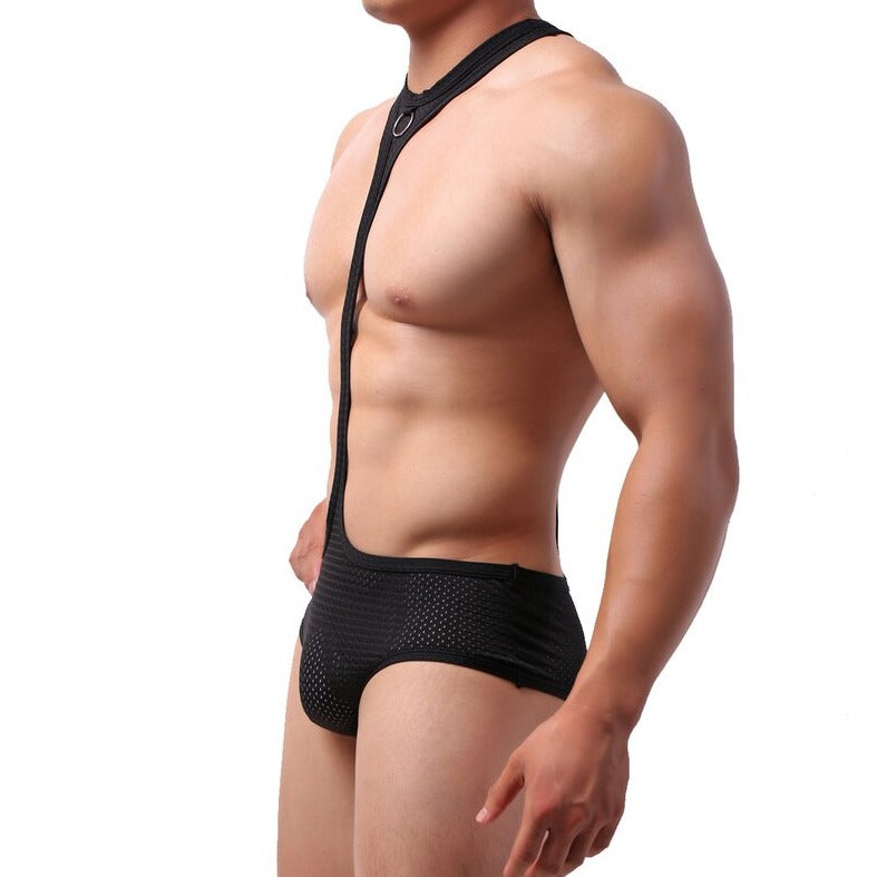 sexy gay man in Gay Bodysuit and Singlet | Men's Black Breathable Mesh Bodysuit - Men's Singlets, Bodysuits, Leotard & Unitard - pridevoyageshop.com