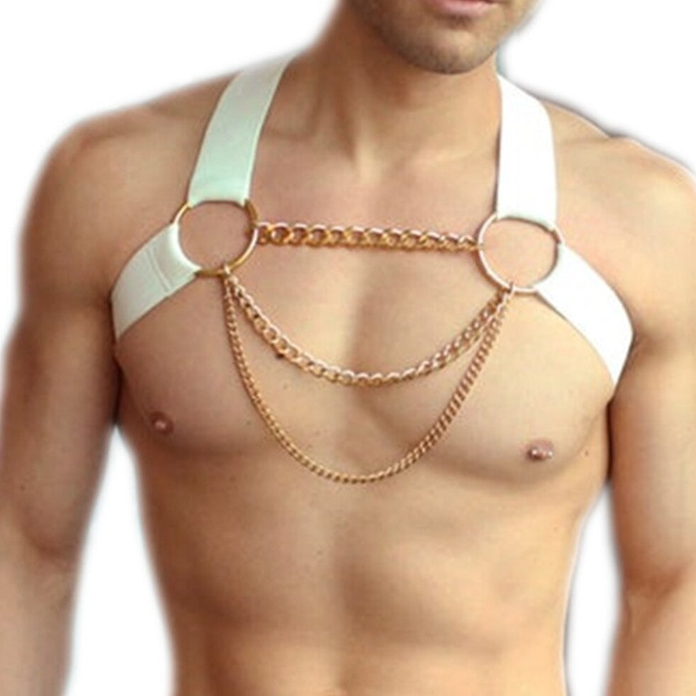 sexy gay man in white Gay Men's Gold Chain Harness | Gay Harness- pridevoyageshop.com - gay men’s harness, lingerie and fetish wear