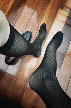 details of black Sheer OTC Socks: Best Men's Sheer Dress Socks for the Sexy Gay Man- pridevoyageshop.com - gay men’s harness, lingerie and fetish wear
