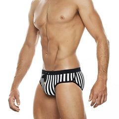 a sexy gay man in Wild Zebra's Stripes Swim Briefs - pridevoyageshop.com - gay men’s underwear and swimwear