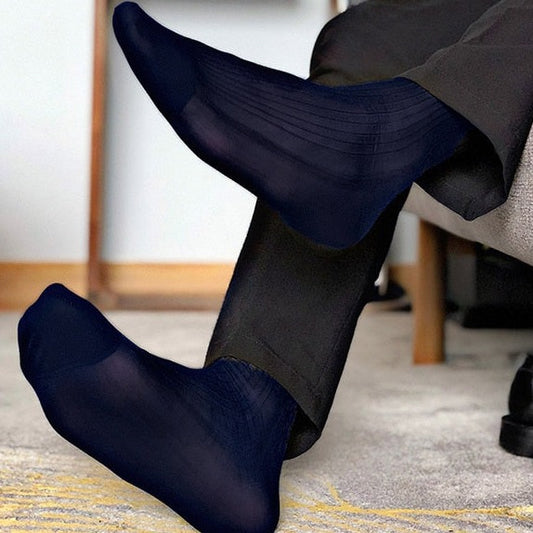 navy blue Ribbed Sheer OTC Socks: Men's Sheer Dress Socks for the Sexy Gay Man- pridevoyageshop.com - gay men’s harness, lingerie and fetish wear
