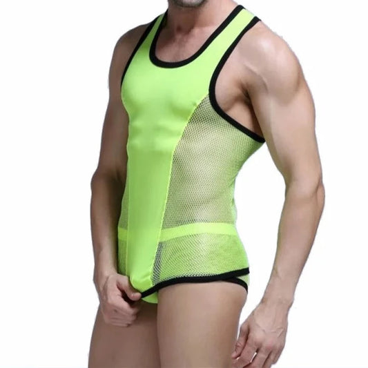green Men's Racing Stripe Mesh Tank Top and Boxer Briefs Set - pridevoyageshop.com - gay men’s underwear and swimwear