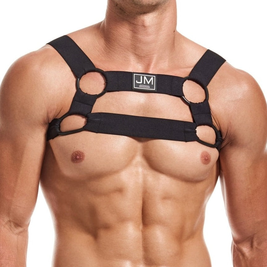 Black Jockmail Elastic Mens Chest Harness: Gay Bodywear- pridevoyageshop.com - gay men’s harness, lingerie and fetish wear