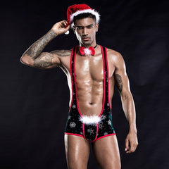 sexy gay man in Gay Singlet and Bodysuit | Gay Christmas 3-Piece Singlet Set - Men's Singlets, Bodysuits, Rompers & Jumpsuits - pridevoyageshop.com