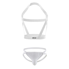 white Jockstrap + Elastic Bondage Harness | Gay Harness- pridevoyageshop.com - gay men’s harness, lingerie and fetish wear