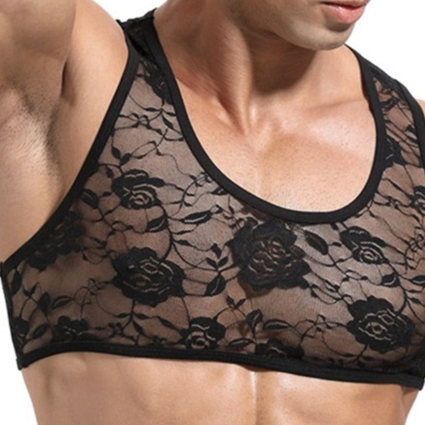 a hot gay guy in black Men's Erotic Floral Lace Crop Tops | Gay Crop Tops & lingerie - pridevoyageshop.com - gay crop tops, gay casual clothes and gay clothes store