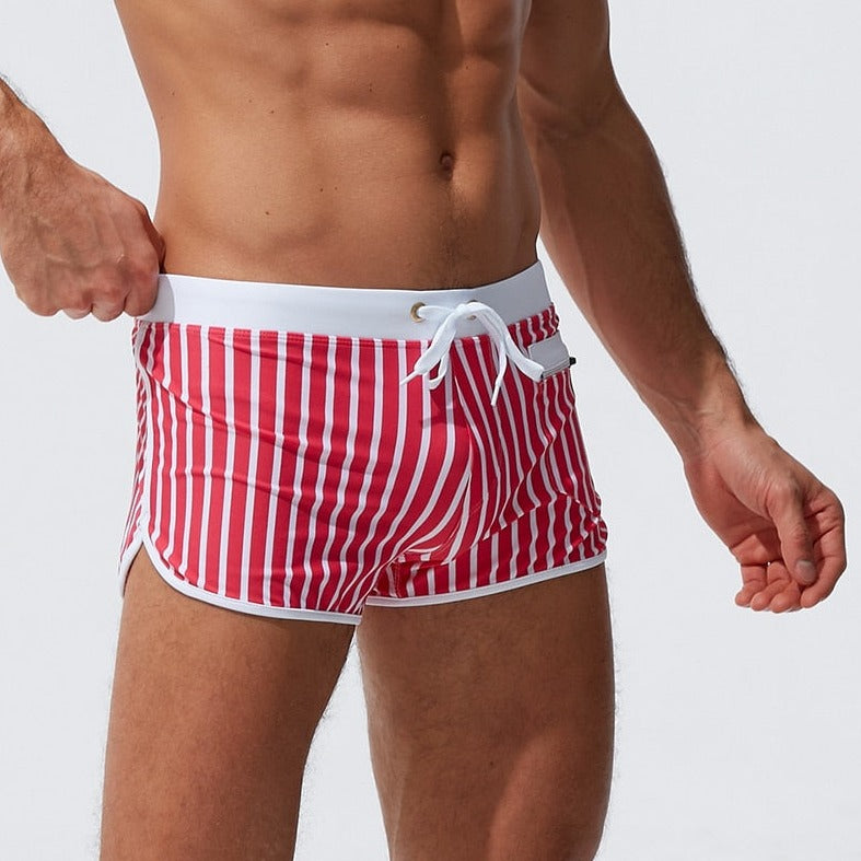 sexy gay man in red Gay Swimwear | Men' s Striped Swim Trunks With Zipper Pocket - pridevoyageshop.com - gay men’s underwear and swimwear