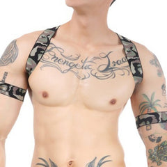 sexy gay man in green sexy gay man in gray Men's Camo Elastic Harness | Gay Harness- pridevoyageshop.com - gay men’s harness, lingerie and fetish wear