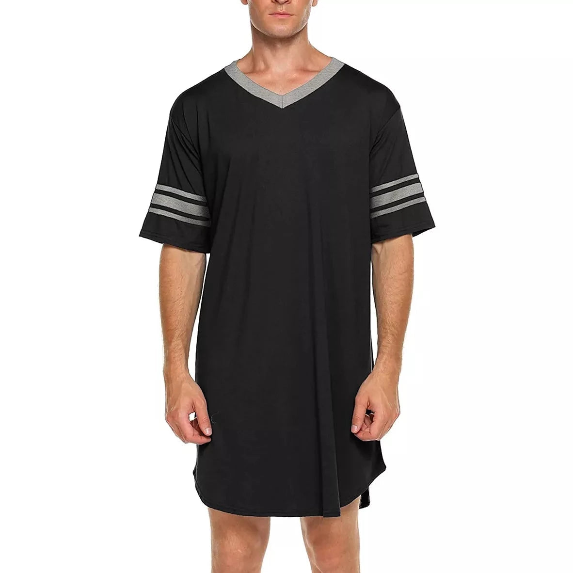 a sexy man in black Men's Striped V-Neck Nightshirt - pridevoyageshop.com - gay men’s underwear and swimwear