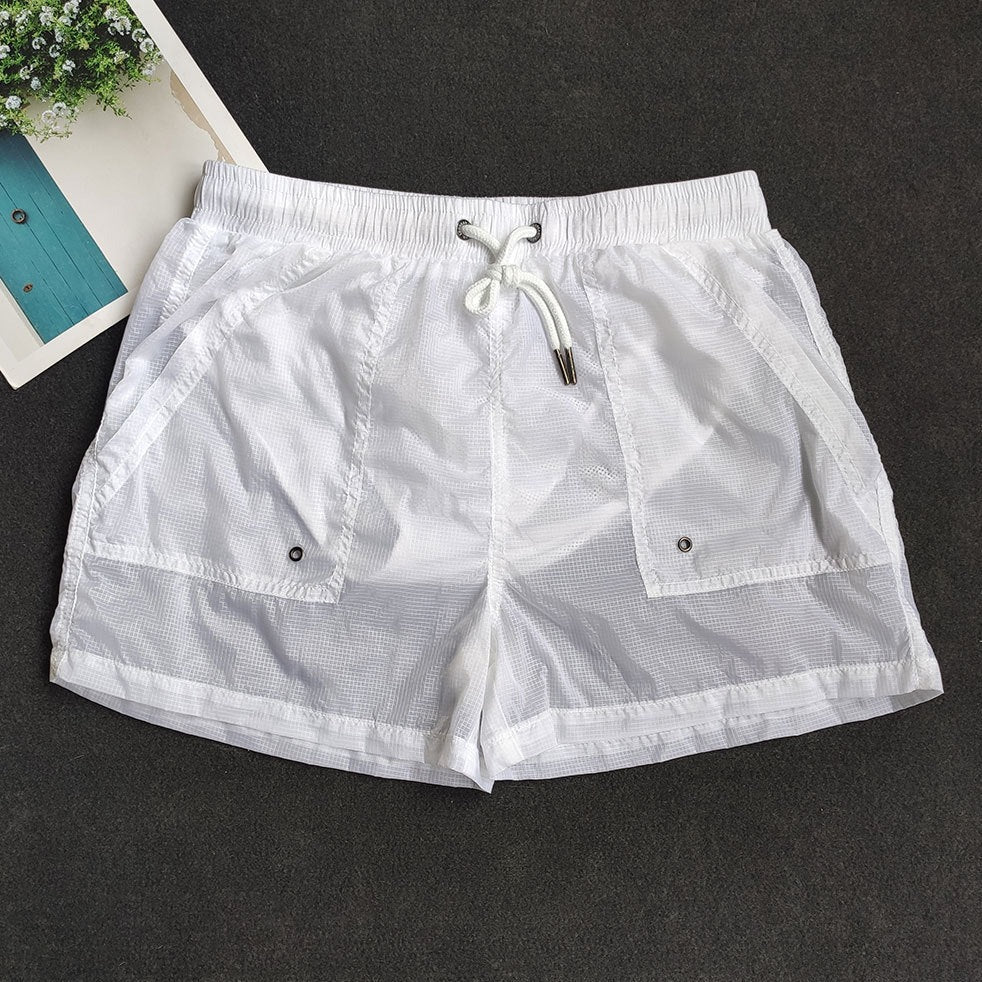 details of white Gay Swimwear & Beachwear | Men's Transparent Swim Trunks - pridevoyageshop.com - gay men’s underwear and swimwear