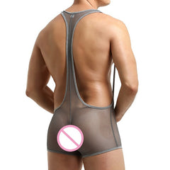 sexy gay man in dark gray Gay Singlet and Bodysuit | See Through Wrestling Singlets - Men's Singlets, Bodysuits, Rompers & Jumpsuits - pridevoyageshop.com