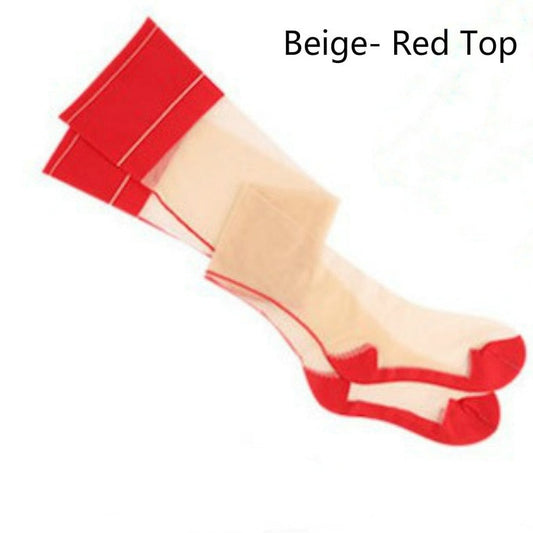 Beige- Red Top Men's Thigh High Transparent Stockings | Gay Lingerie - pridevoyageshop.com - gay men’s bodystocking, lingerie, fishnet and fetish wear