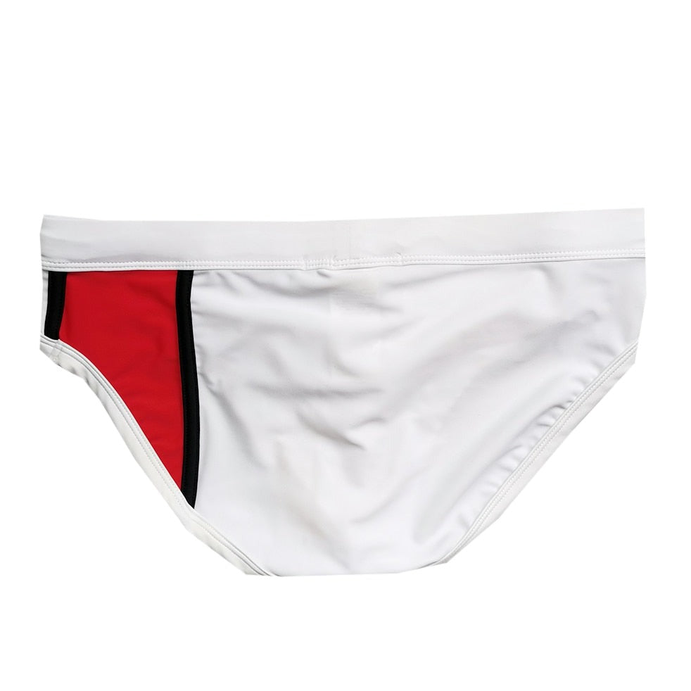 details of white Gay Swimwear | Piet Mondrian Art Deco Swim Briefs- pridevoyageshop.com - gay men’s underwear and swimwear