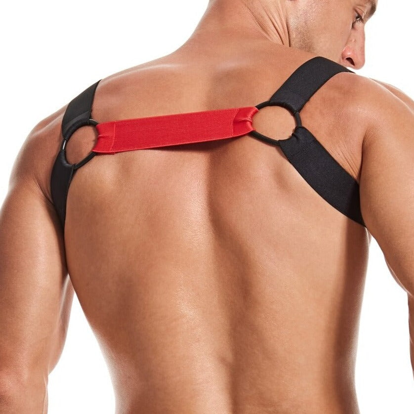 Back of Red Jockmail Elastic Mens Chest Harness: Gay Bodywear- pridevoyageshop.com - gay men’s harness, lingerie and fetish wear