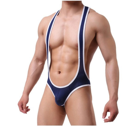 sexy gay man in navy blue Gay Singlet and Bodysuit | Men's Sexy Mesh Jockstrap Singlets - Men's Singlets, Bodysuits, Rompers & Jumpsuits - pridevoyageshop.com