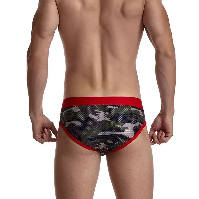 a hot gay man in red Jockmail Men's Mesh Camo Briefs - pridevoyageshop.com - gay men’s underwear and swimwear