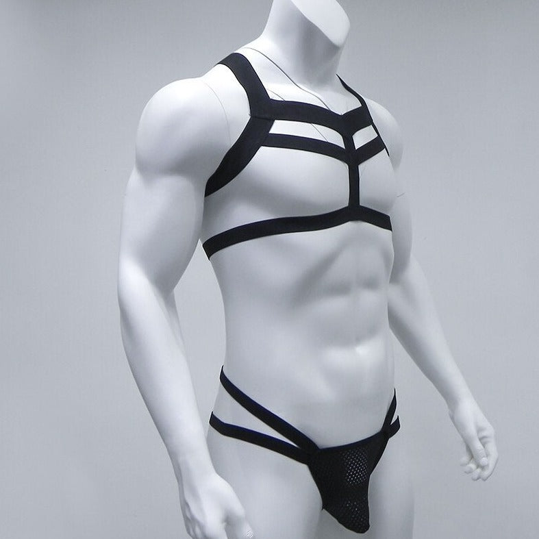 black Men's Elastic Bondage Harness + Jockstrap | Gay Harness- pridevoyageshop.com - gay men’s harness, lingerie and fetish wear