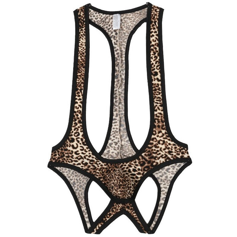 Leopard brown Gay Singlet and Bodysuit | Men's Sexy Mesh Jockstrap Singlets - Men's Singlets, Bodysuits, Rompers & Jumpsuits - pridevoyageshop.com