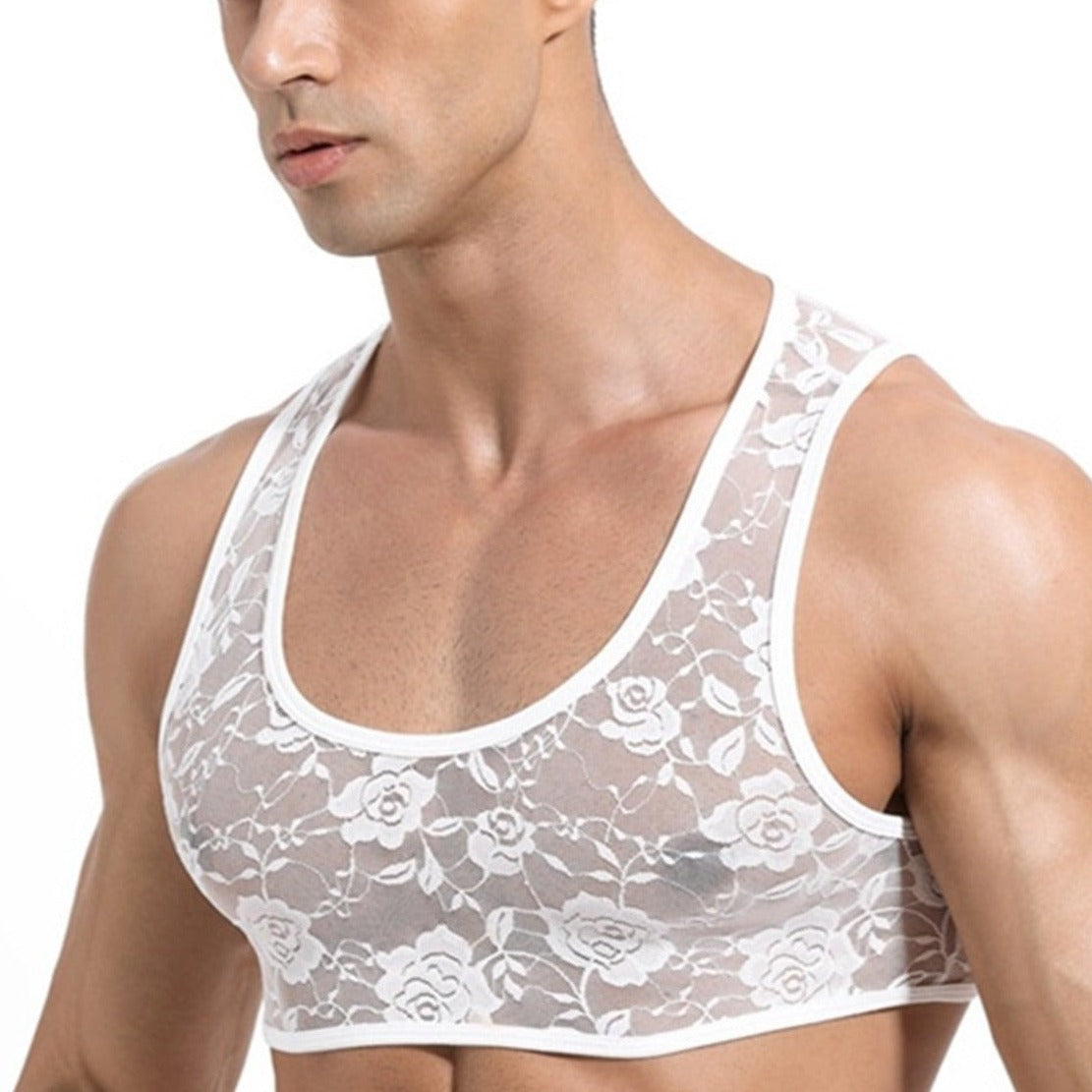 a hot gay guy in white Men's Erotic Floral Lace Crop Tops | Gay Crop Tops & lingerie - pridevoyageshop.com - gay crop tops, gay casual clothes and gay clothes store