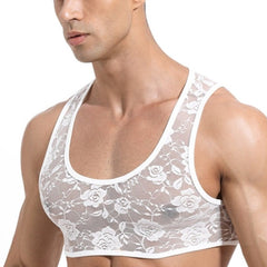 a hot gay guy in white Men's Erotic Floral Lace Crop Tops | Gay Crop Tops & lingerie - pridevoyageshop.com - gay crop tops, gay casual clothes and gay clothes store
