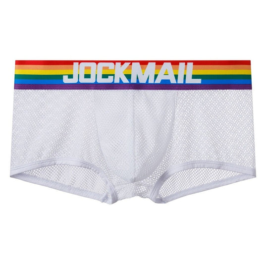 white Jockmail Pride Gay Men's Mesh Boxer - pridevoyageshop.com - gay men’s underwear and swimwear