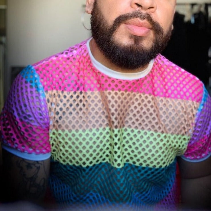 2023 Gay Men Fashion | Rainbow Mesh T-Shirt: Fishnet Men's Shirt- pridevoyageshop.com - gay men’s harness, lingerie and fetish wear