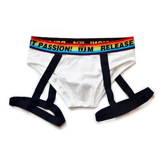 white DM Pride Rainbow Passion Garter Briefs - pridevoyageshop.com - gay men’s underwear and swimwear