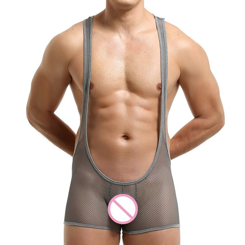 sexy gay man in dark gray Gay Singlet and Bodysuit | See Through Wrestling Singlets - Men's Singlets, Bodysuits, Rompers & Jumpsuits - pridevoyageshop.com