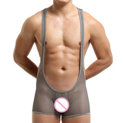 sexy gay man in dark gray Gay Singlet and Bodysuit | See Through Wrestling Singlets - Men's Singlets, Bodysuits, Rompers & Jumpsuits - pridevoyageshop.com